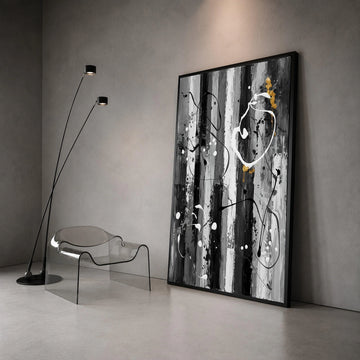 Modern Abstract Striped Canvas, Black White Wall Art, Gold Accent Painting, Contemporary Home Decor, Ready to Hang Canvas Canvas Print Art