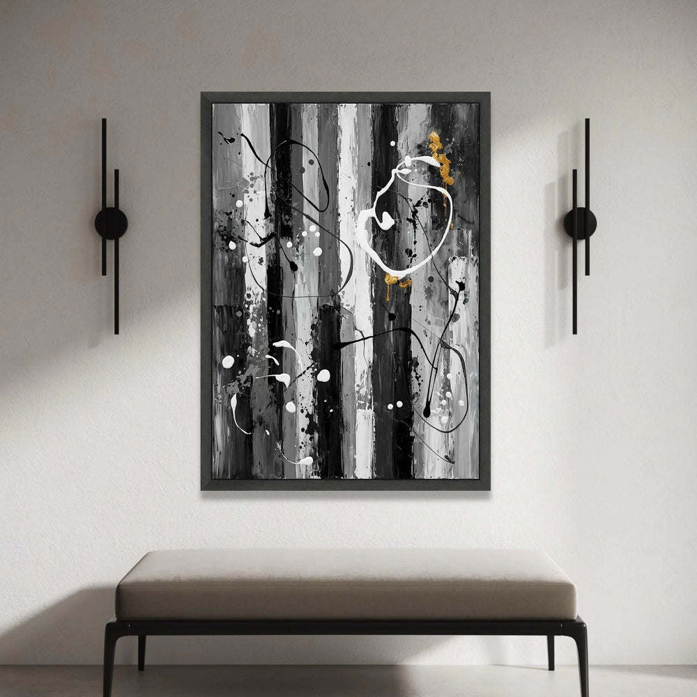 Modern Abstract Striped Canvas, Black White Wall Art, Gold Accent Painting, Contemporary Home Decor, Ready to Hang Canvas Canvas Print Art