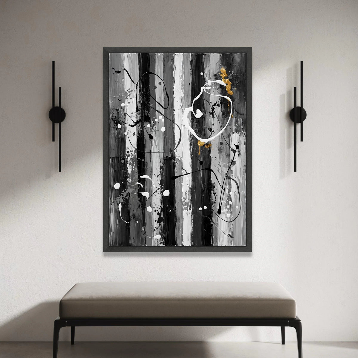 Modern Abstract Striped Canvas, Black White Wall Art, Gold Accent Painting, Contemporary Home Decor, Ready to Hang Canvas Canvas Print Art