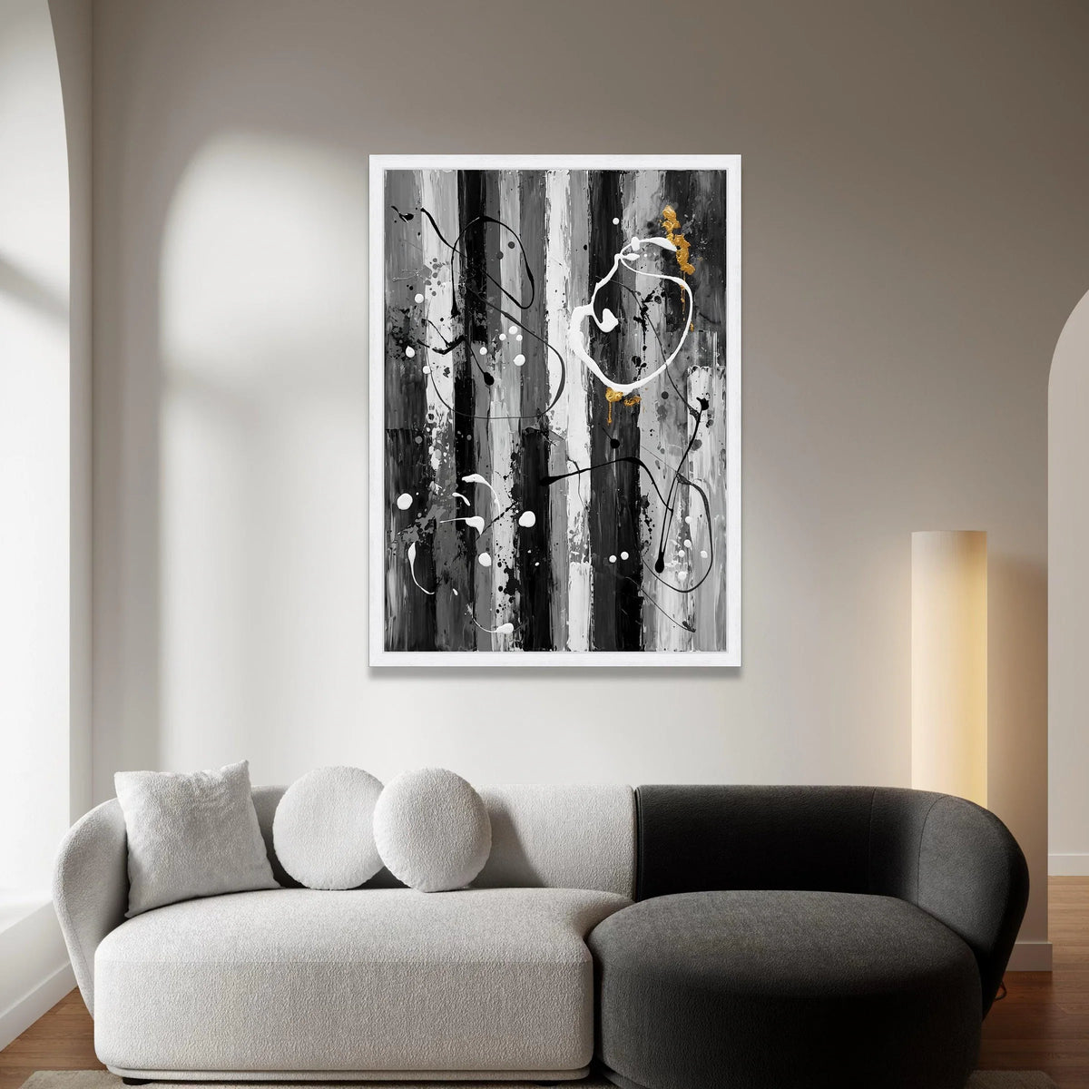 Modern Abstract Striped Canvas, Black White Wall Art, Gold Accent Painting, Contemporary Home Decor, Ready to Hang Canvas Canvas Print Art