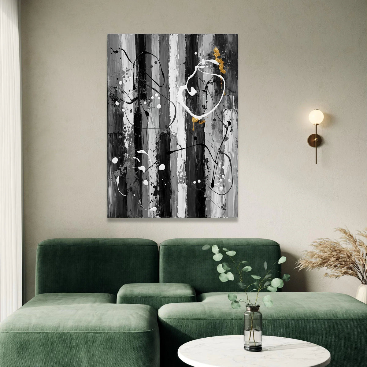 Modern Abstract Striped Canvas, Black White Wall Art, Gold Accent Painting, Contemporary Home Decor, Ready to Hang Canvas Canvas Print Art