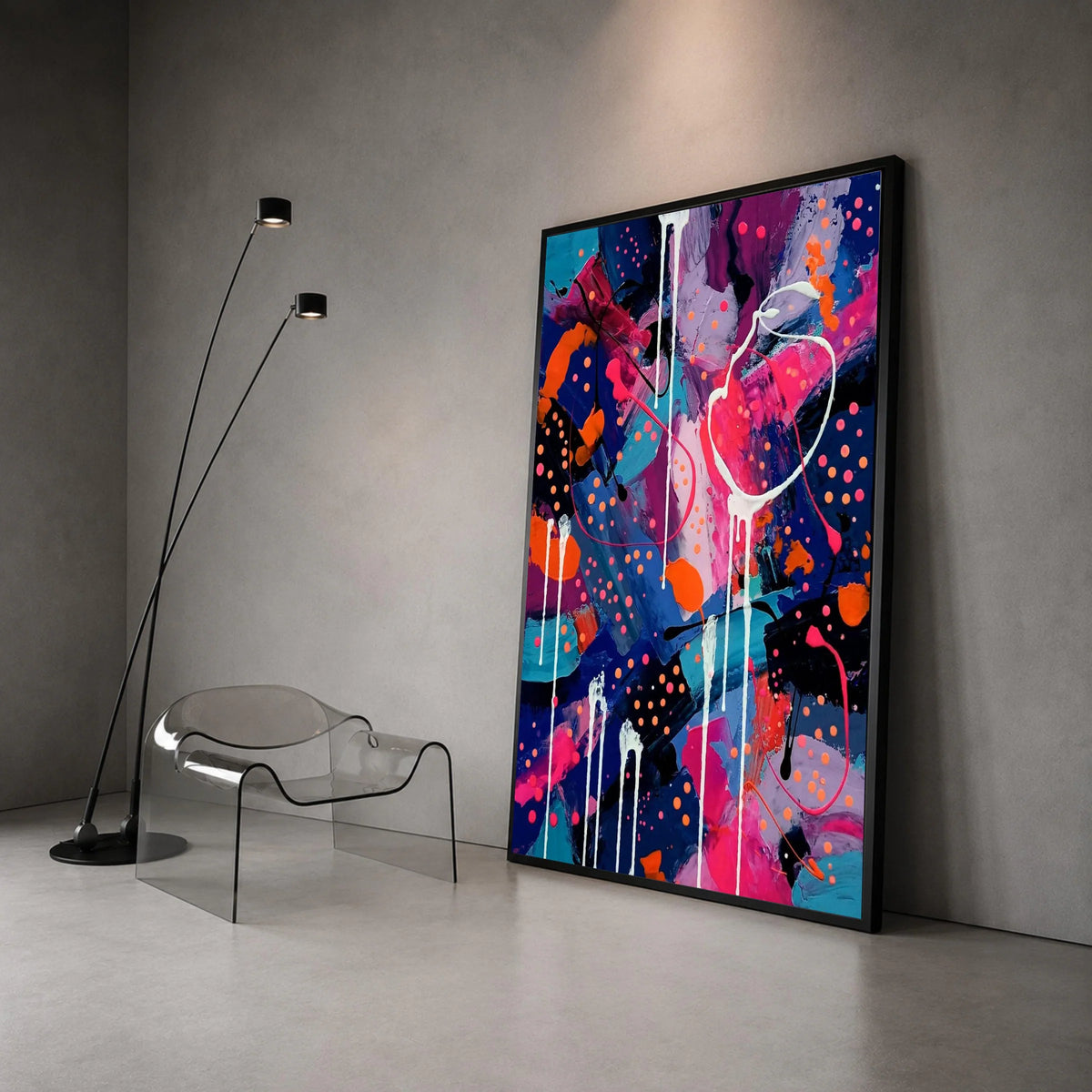 Vibrant Abstract Canvas Wall Art, Colorful Modern Home Decoration, Blue Pink Orange Splatter Painting, Contemporary Canvas Canvas Print Art