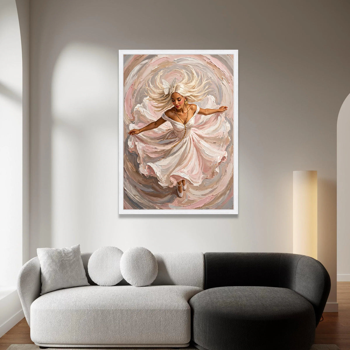 Elegant Woman Dancing Canvas, Flowing Dress Wall Art, Feminine Portrait Canvas, Swirling Motion Artwork, Home Decoration Canvas Print Art