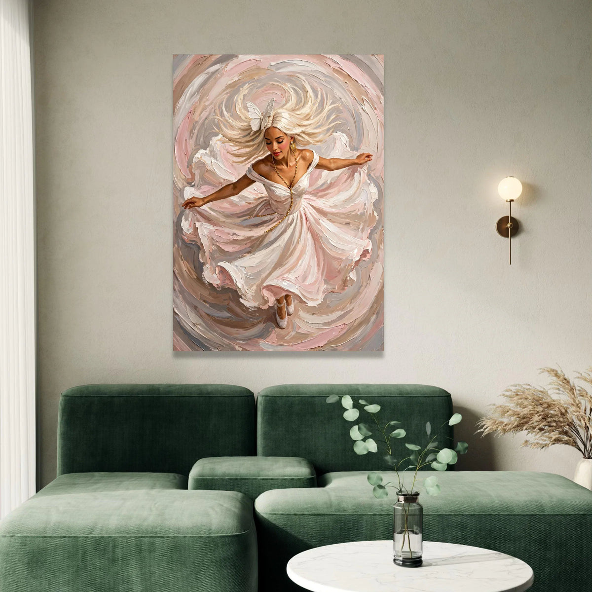 Elegant Woman Dancing Canvas, Flowing Dress Wall Art, Feminine Portrait Canvas, Swirling Motion Artwork, Home Decoration Canvas Print Art