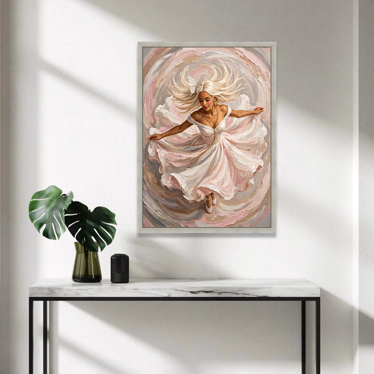 Elegant Woman Dancing Canvas, Flowing Dress Wall Art, Feminine Portrait Canvas, Swirling Motion Artwork, Home Decoration Canvas Print Art