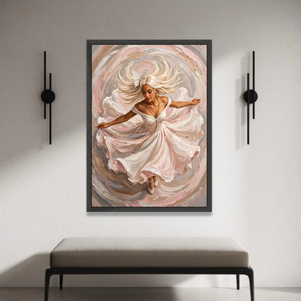 Elegant Woman Dancing Canvas, Flowing Dress Wall Art, Feminine Portrait Canvas, Swirling Motion Artwork, Home Decoration Canvas Print Art