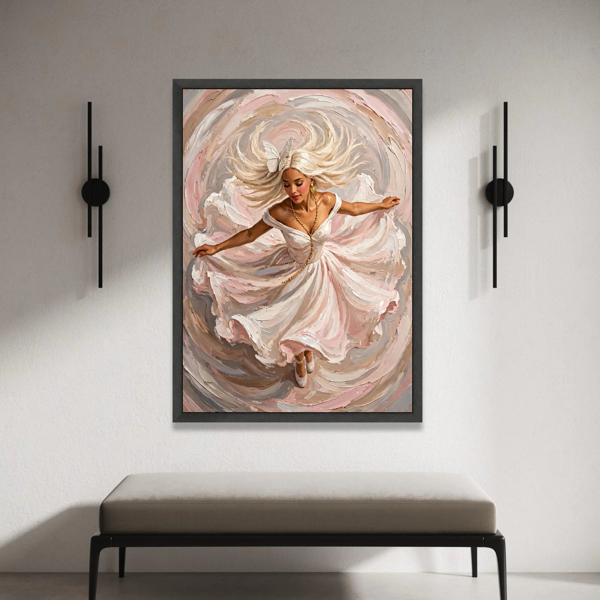Elegant Woman Dancing Canvas, Flowing Dress Wall Art, Feminine Portrait Canvas, Swirling Motion Artwork, Home Decoration Canvas Print Art