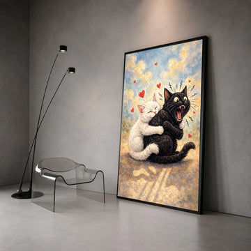 Playful Cats Hugging Canvas, Cute Cat Couple Wall Art, Whimsical Animal Illustration, Romantic Cat Canvas, Heart Accents Canvas Print Art