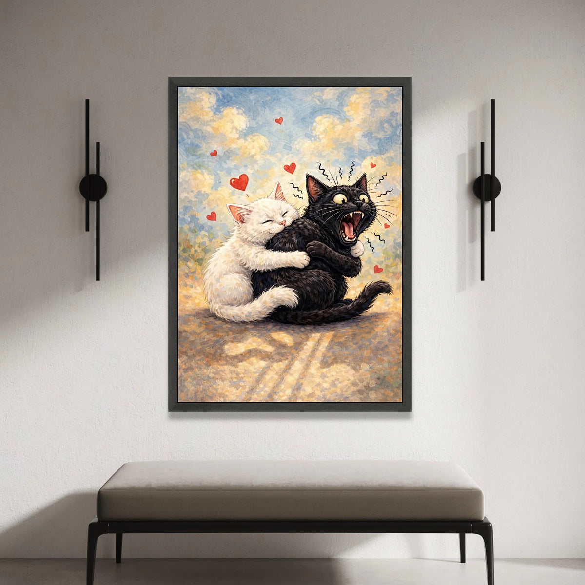 Playful Cats Hugging Canvas, Cute Cat Couple Wall Art, Whimsical Animal Illustration, Romantic Cat Canvas, Heart Accents Canvas Print Art