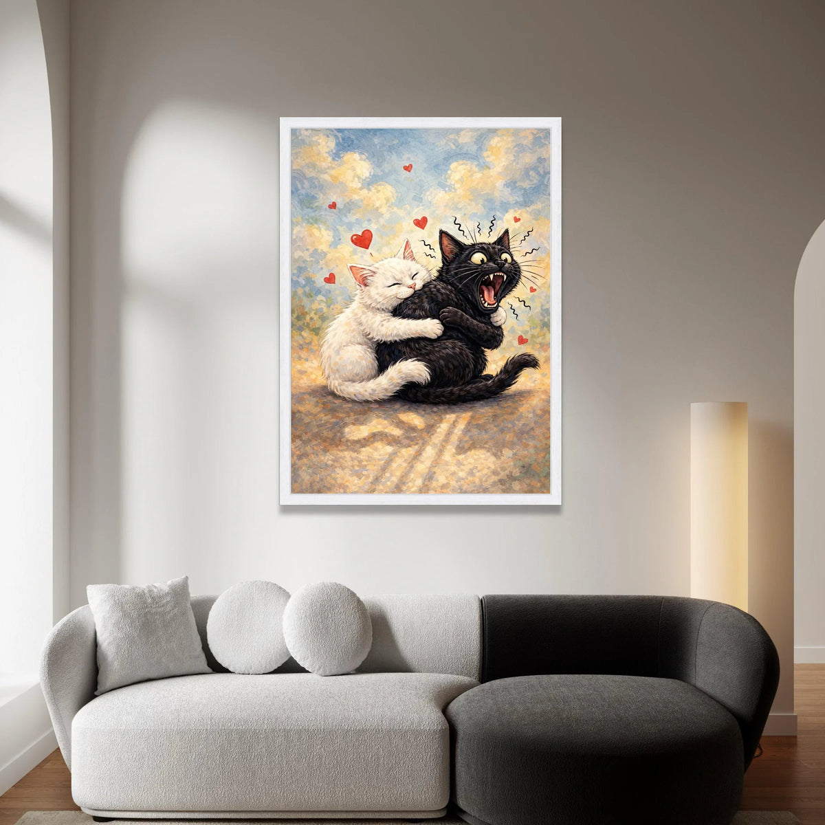 Playful Cats Hugging Canvas, Cute Cat Couple Wall Art, Whimsical Animal Illustration, Romantic Cat Canvas, Heart Accents Canvas Print Art