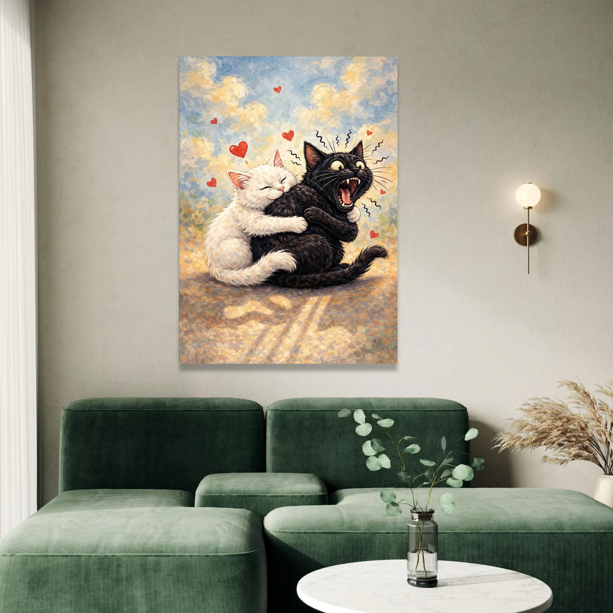 Playful Cats Hugging Canvas, Cute Cat Couple Wall Art, Whimsical Animal Illustration, Romantic Cat Canvas, Heart Accents Canvas Print Art