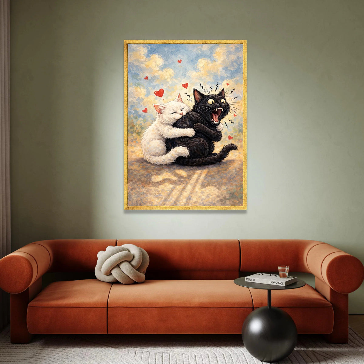 Playful Cats Hugging Canvas, Cute Cat Couple Wall Art, Whimsical Animal Illustration, Romantic Cat Canvas, Heart Accents Canvas Print Art