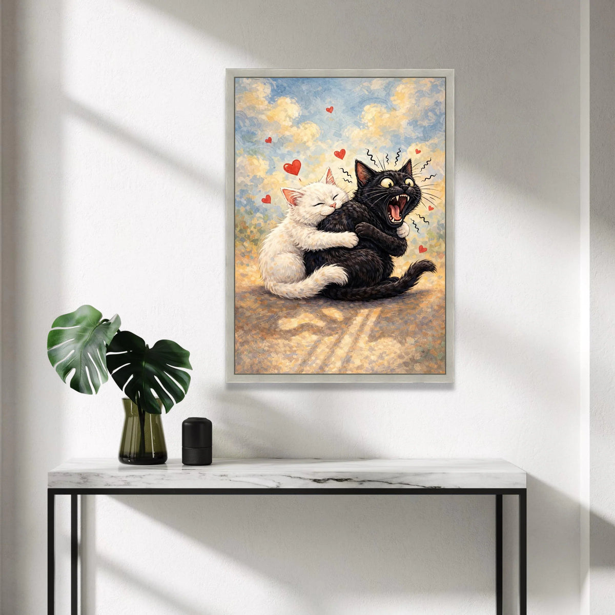 Playful Cats Hugging Canvas, Cute Cat Couple Wall Art, Whimsical Animal Illustration, Romantic Cat Canvas, Heart Accents Canvas Print Art