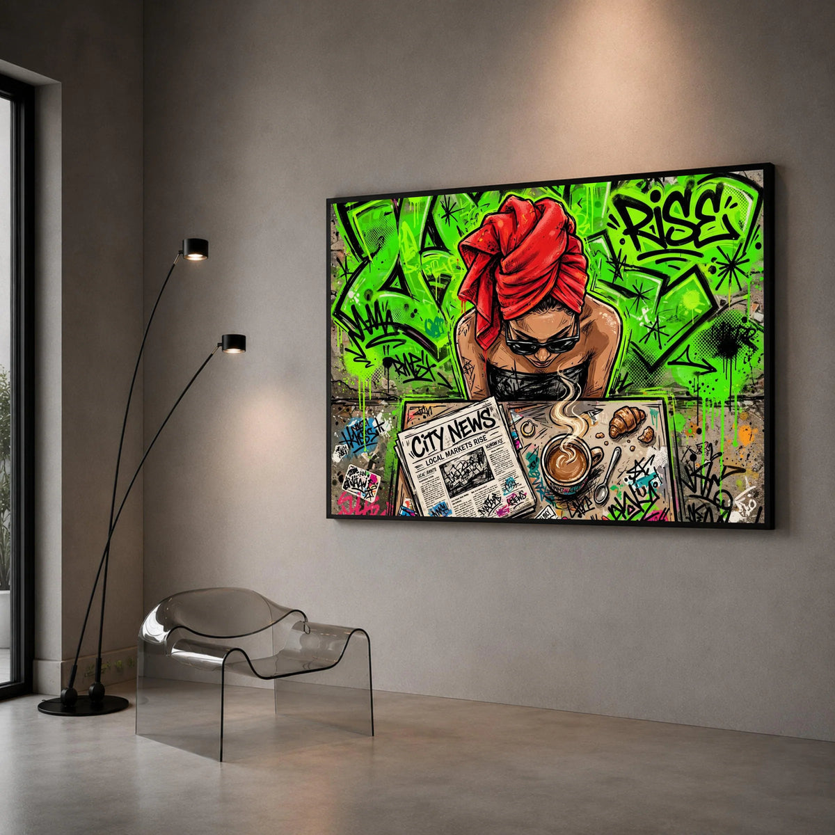 Urban Morning Coffee Scene Canvas, Street Art Wall Decor, Woman with Red Headscarf, City News Graffiti Canvas, Contemporary Canvas Print Art