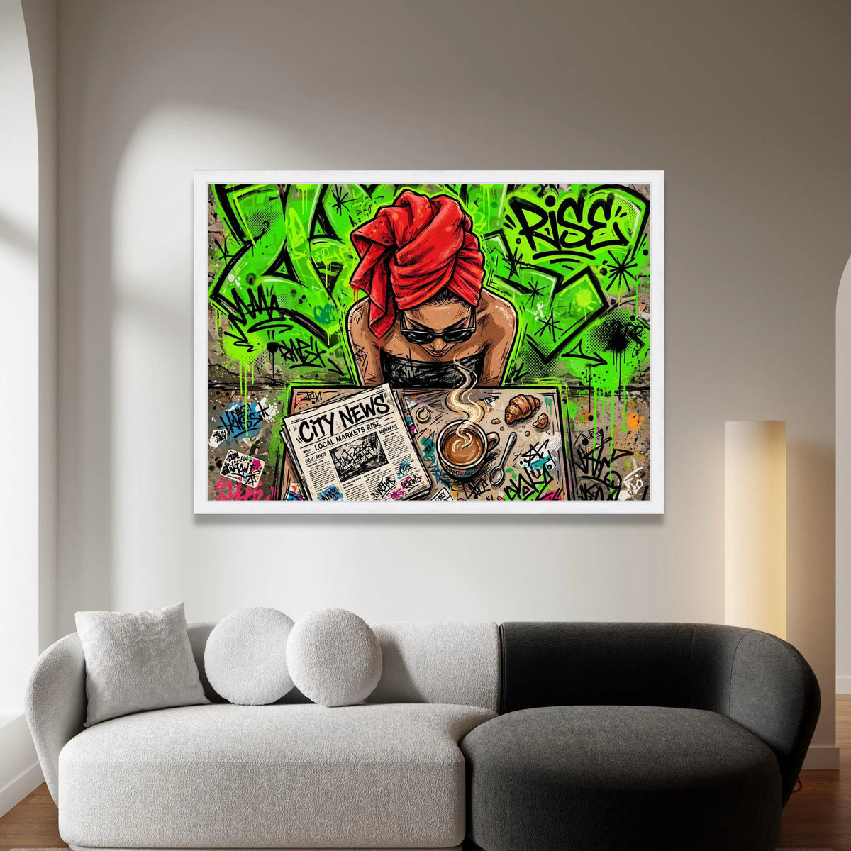 Urban Morning Coffee Scene Canvas, Street Art Wall Decor, Woman with Red Headscarf, City News Graffiti Canvas, Contemporary Canvas Print Art