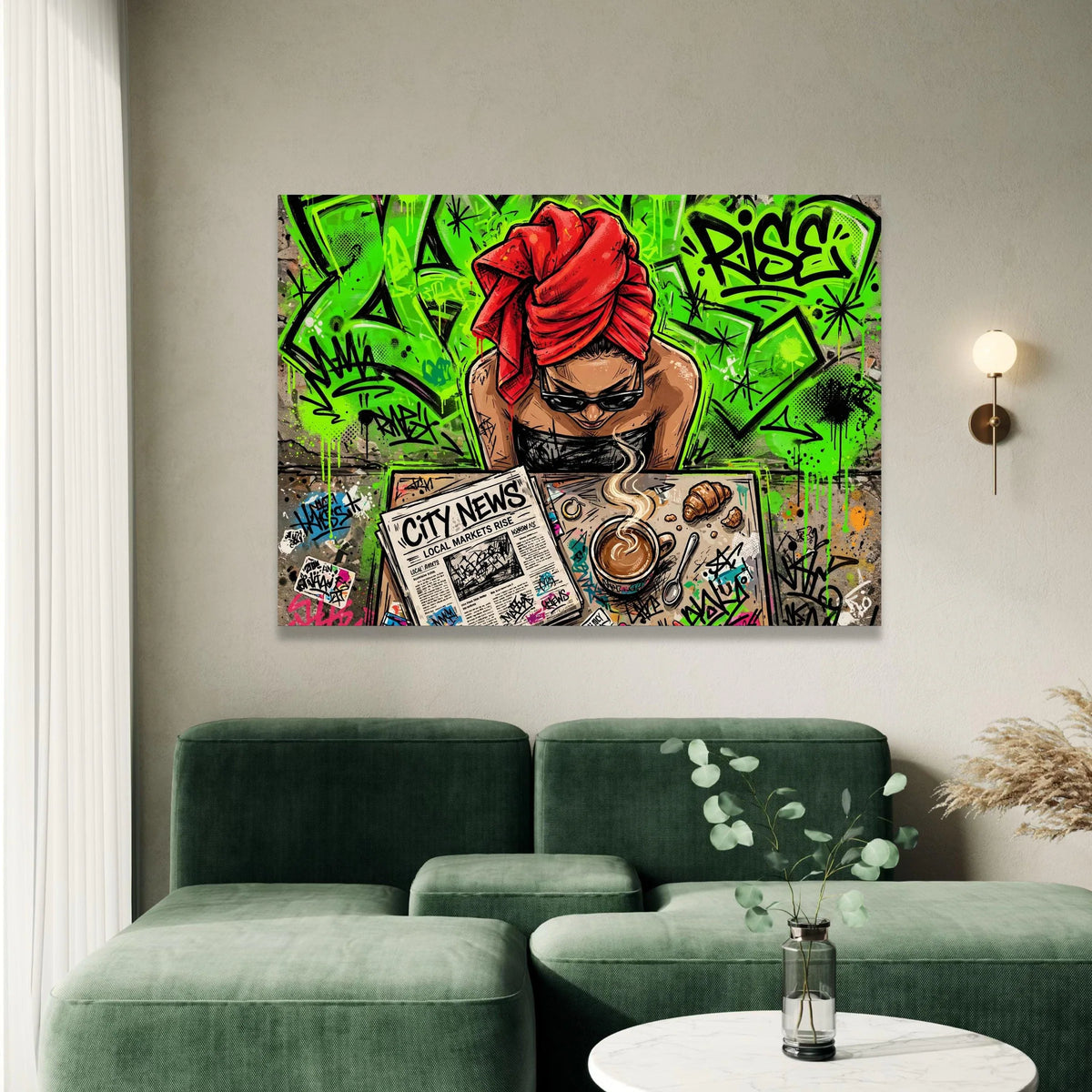 Urban Morning Coffee Scene Canvas, Street Art Wall Decor, Woman with Red Headscarf, City News Graffiti Canvas, Contemporary Canvas Print Art