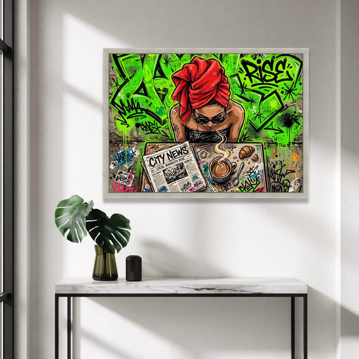 Urban Morning Coffee Scene Canvas, Street Art Wall Decor, Woman with Red Headscarf, City News Graffiti Canvas, Contemporary Canvas Print Art