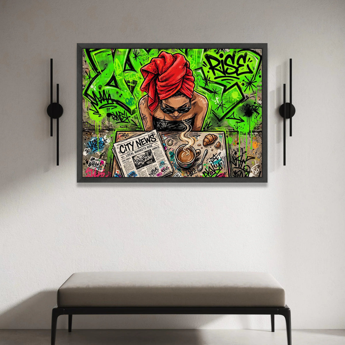 Urban Morning Coffee Scene Canvas, Street Art Wall Decor, Woman with Red Headscarf, City News Graffiti Canvas, Contemporary Canvas Print Art