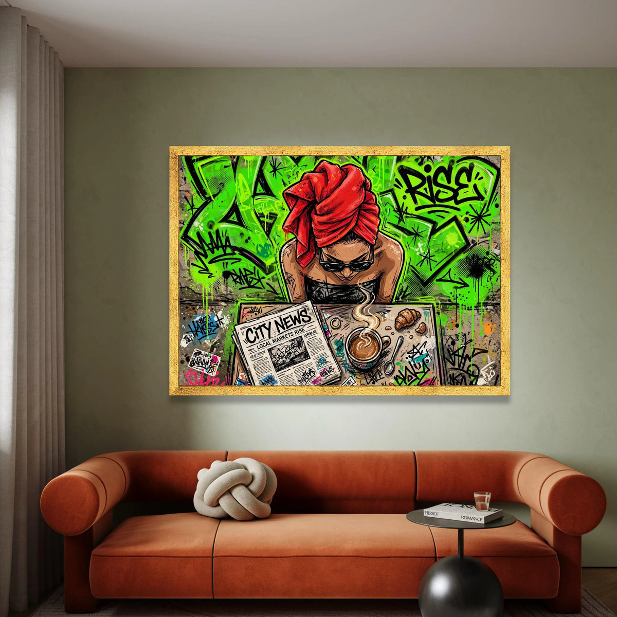 Urban Morning Coffee Scene Canvas, Street Art Wall Decor, Woman with Red Headscarf, City News Graffiti Canvas, Contemporary Canvas Print Art