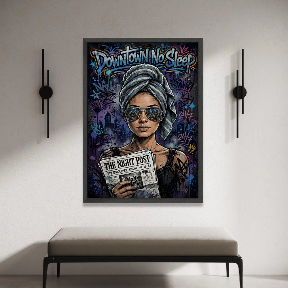 Urban Nightlife Woman Canvas, Downtown No Sleep Wall Art, Cityscape Reflection Sunglasses, Modern Street Art Print, Edgy Canvas Print Art