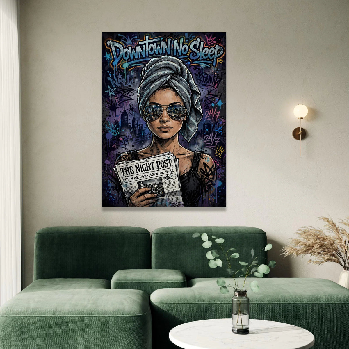 Urban Nightlife Woman Canvas, Downtown No Sleep Wall Art, Cityscape Reflection Sunglasses, Modern Street Art Print, Edgy Canvas Print Art