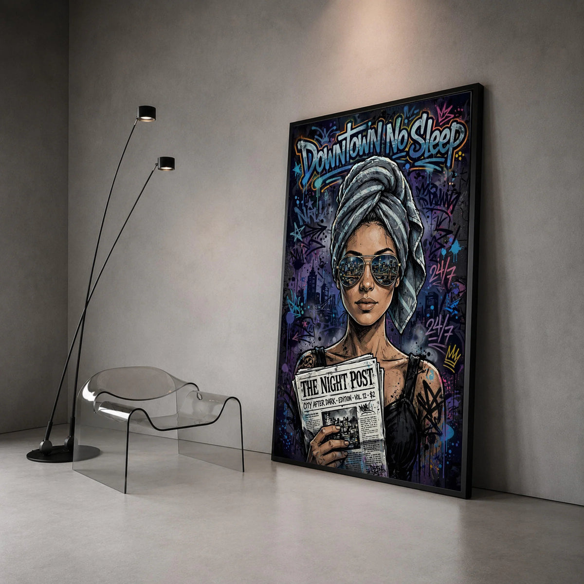Urban Nightlife Woman Canvas, Downtown No Sleep Wall Art, Cityscape Reflection Sunglasses, Modern Street Art Print, Edgy Canvas Print Art