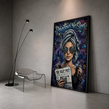 Urban Nightlife Woman Canvas, Downtown No Sleep Wall Art, Cityscape Reflection Sunglasses, Modern Street Art Print, Edgy Canvas Print Art