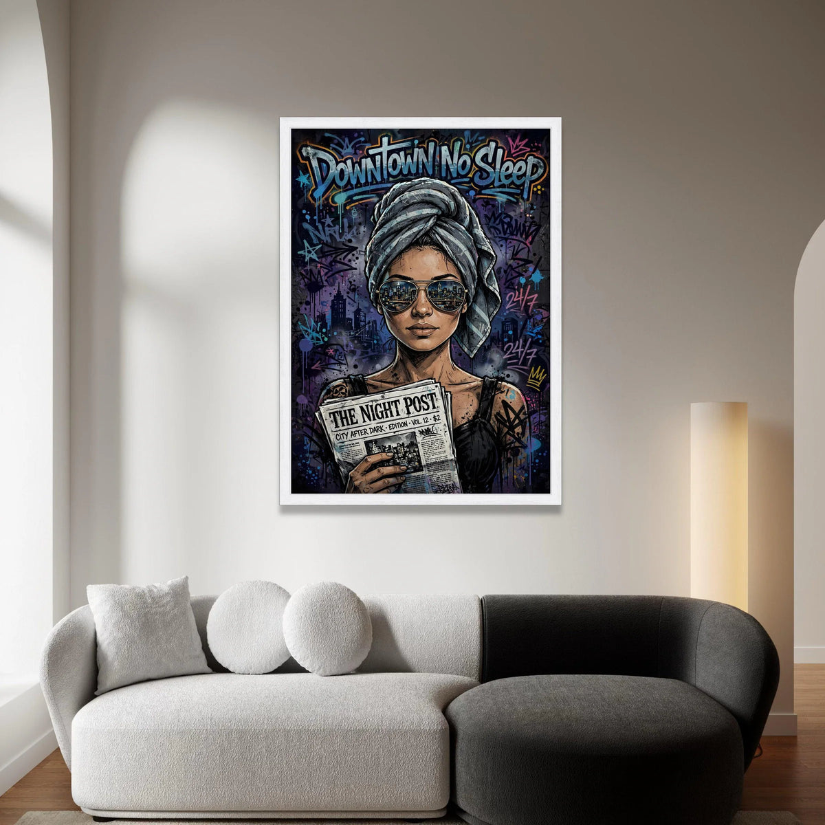 Urban Nightlife Woman Canvas, Downtown No Sleep Wall Art, Cityscape Reflection Sunglasses, Modern Street Art Print, Edgy Canvas Print Art