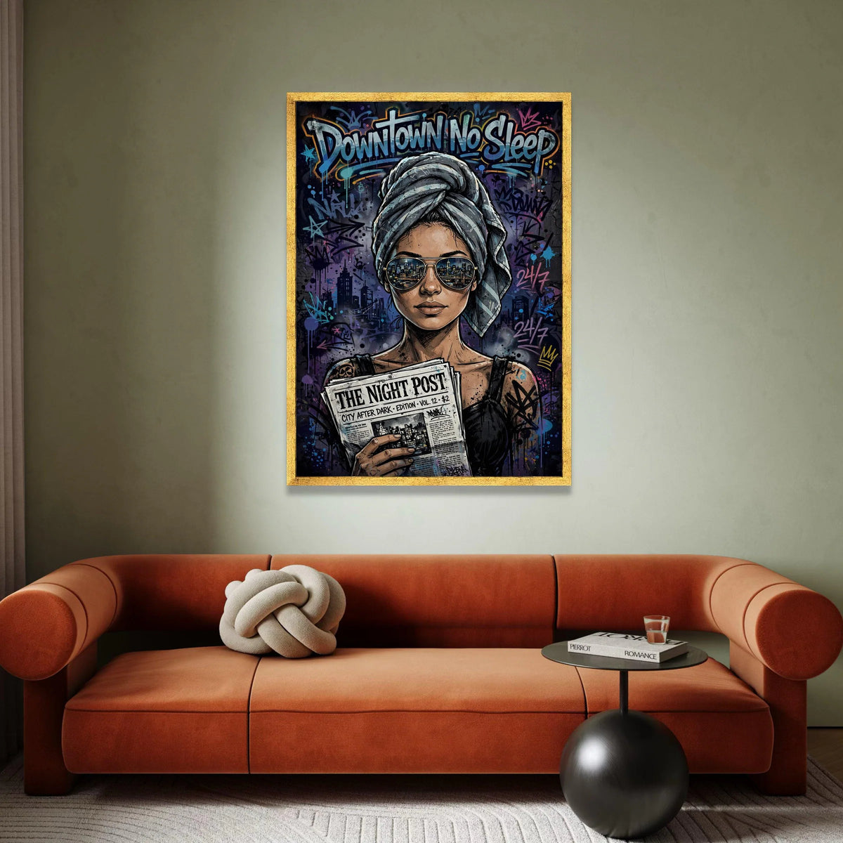 Urban Nightlife Woman Canvas, Downtown No Sleep Wall Art, Cityscape Reflection Sunglasses, Modern Street Art Print, Edgy Canvas Print Art