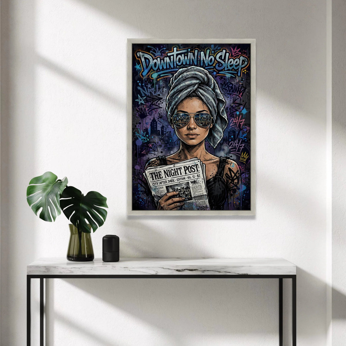 Urban Nightlife Woman Canvas, Downtown No Sleep Wall Art, Cityscape Reflection Sunglasses, Modern Street Art Print, Edgy Canvas Print Art