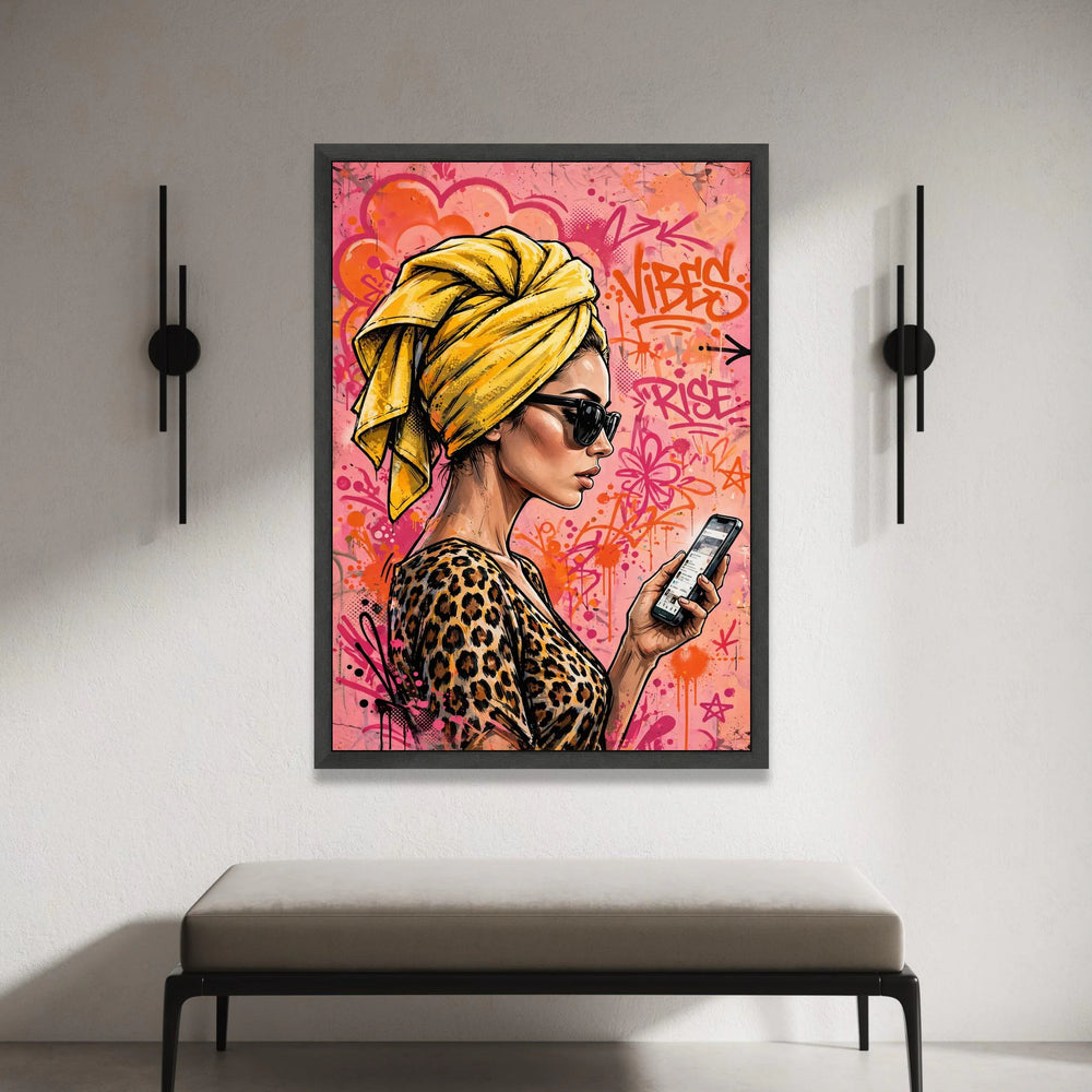 Urban Chic Woman Canvas, Yellow Headwrap Portrait, Graffiti Background Wall Art, Fashion Illustration Canvas, Modern Decor Canvas Print Art