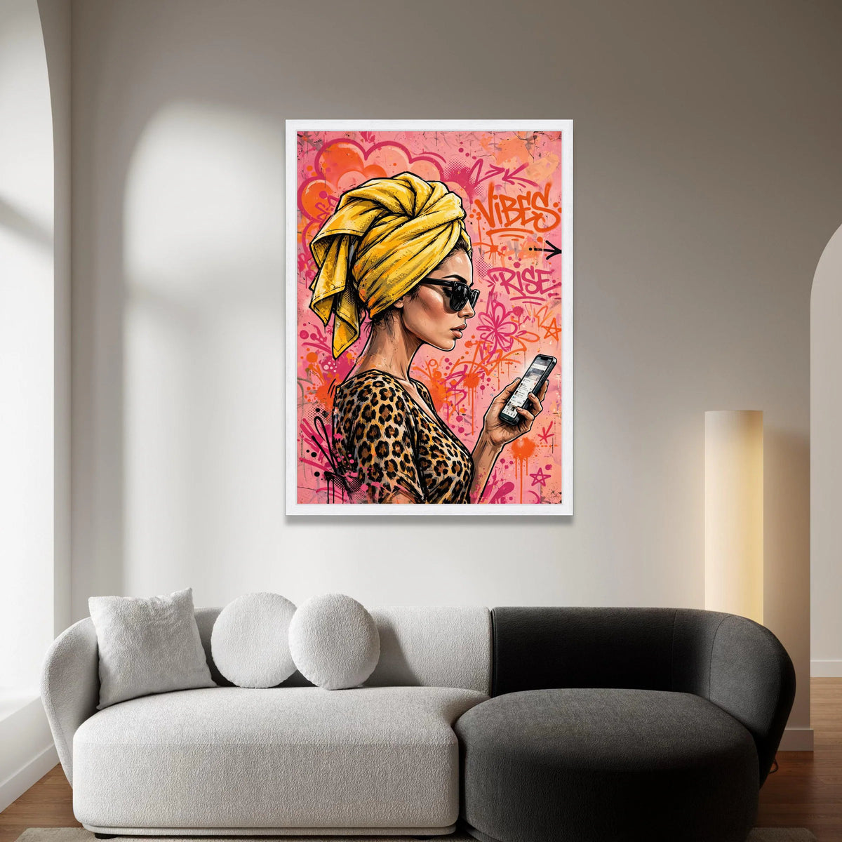 Urban Chic Woman Canvas, Yellow Headwrap Portrait, Graffiti Background Wall Art, Fashion Illustration Canvas, Modern Decor Canvas Print Art