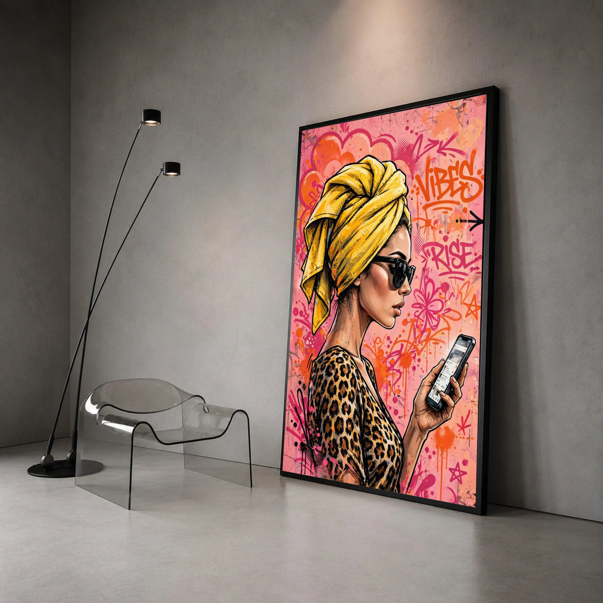 Urban Chic Woman Canvas, Yellow Headwrap Portrait, Graffiti Background Wall Art, Fashion Illustration Canvas, Modern Decor Canvas Print Art