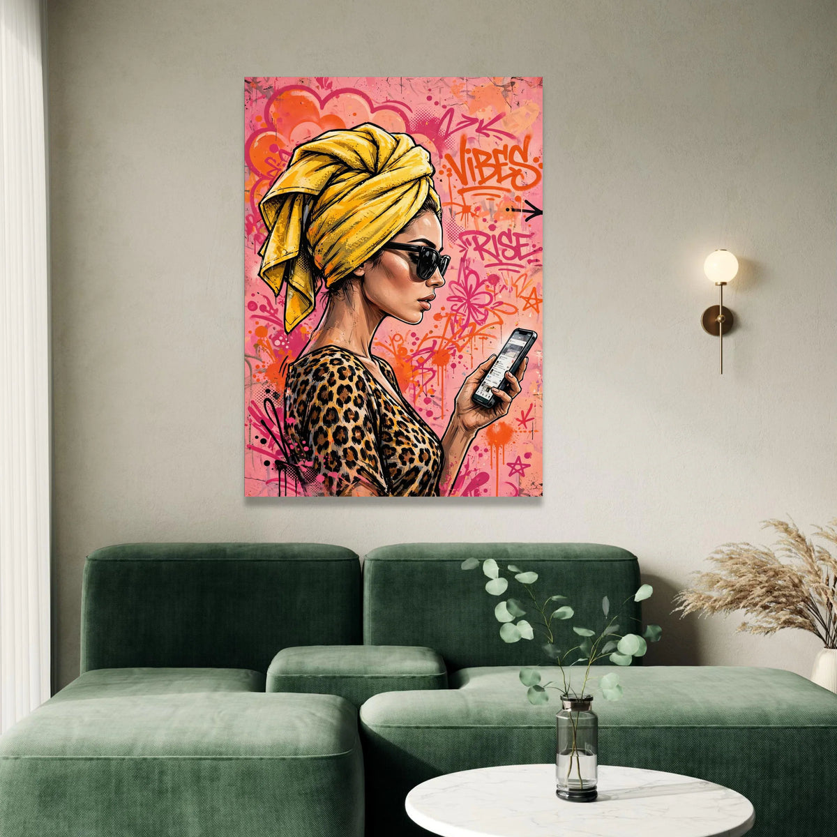 Urban Chic Woman Canvas, Yellow Headwrap Portrait, Graffiti Background Wall Art, Fashion Illustration Canvas, Modern Decor Canvas Print Art