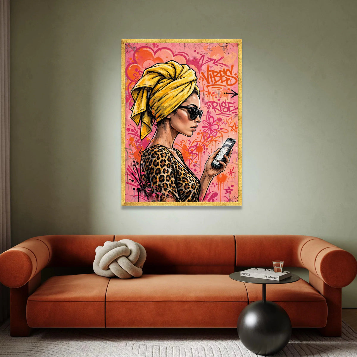 Urban Chic Woman Canvas, Yellow Headwrap Portrait, Graffiti Background Wall Art, Fashion Illustration Canvas, Modern Decor Canvas Print Art