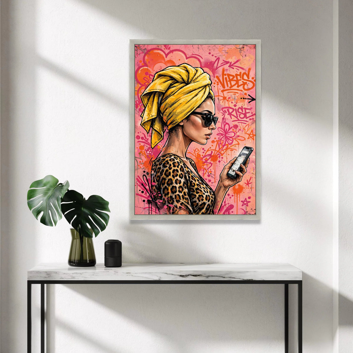 Urban Chic Woman Canvas, Yellow Headwrap Portrait, Graffiti Background Wall Art, Fashion Illustration Canvas, Modern Decor Canvas Print Art