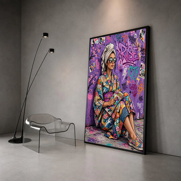 Urban Style Woman Colorful Kimono, Street Art Graffiti Canvas, Modern Pop Culture Wall Art, Vibrant City Scene Decoration Canvas Print Art
