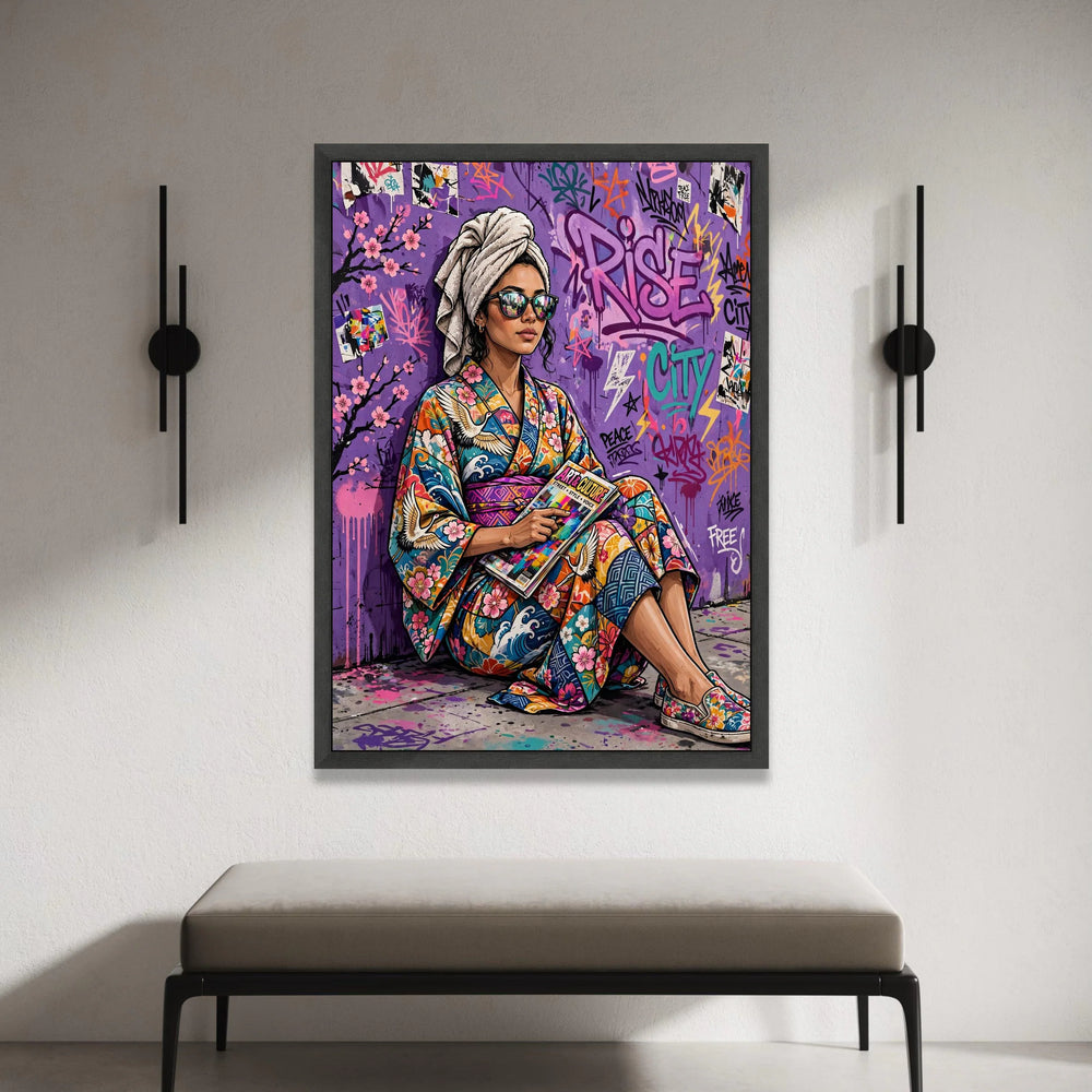 Urban Style Woman Colorful Kimono, Street Art Graffiti Canvas, Modern Pop Culture Wall Art, Vibrant City Scene Decoration Canvas Print Art