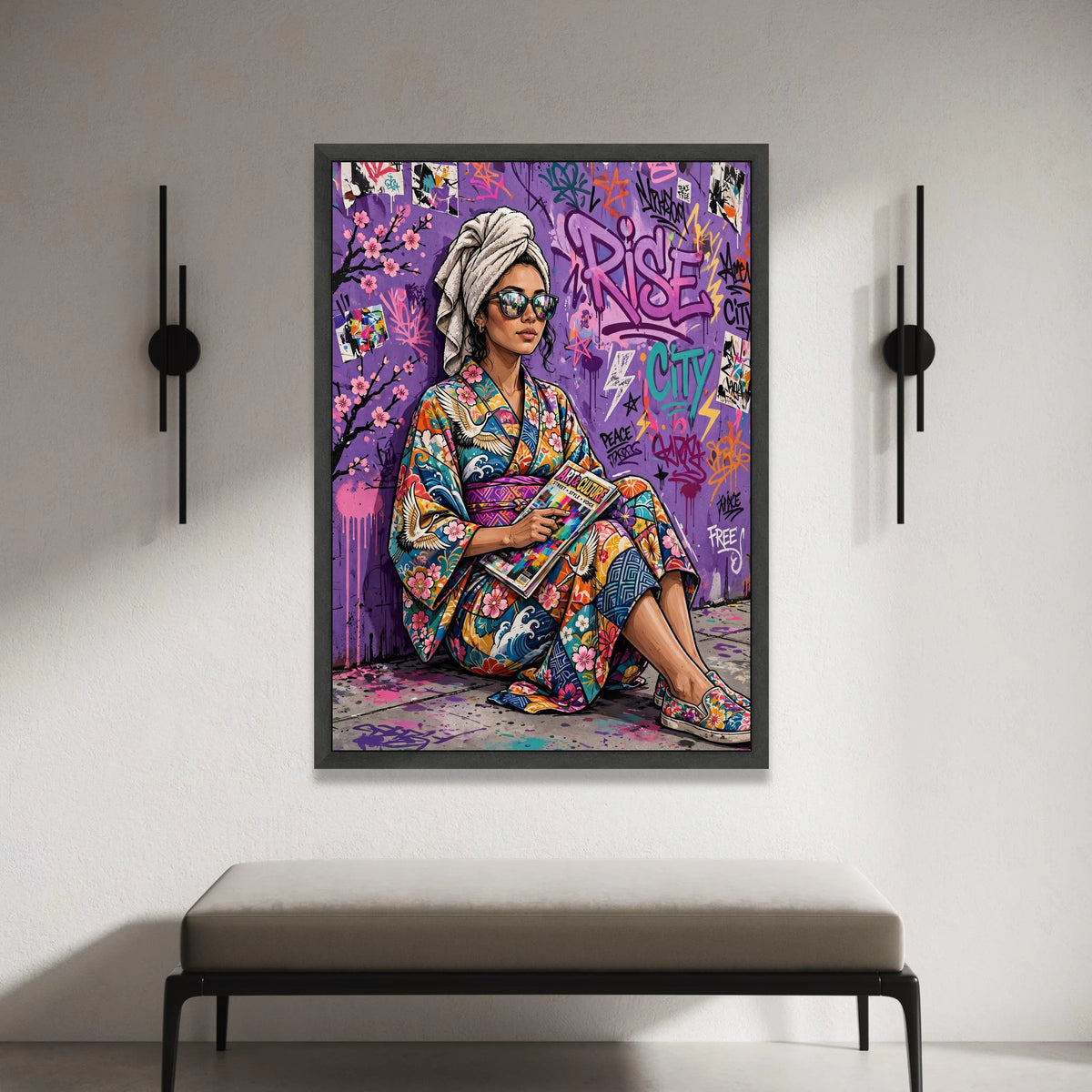 Urban Style Woman Colorful Kimono, Street Art Graffiti Canvas, Modern Pop Culture Wall Art, Vibrant City Scene Decoration Canvas Print Art