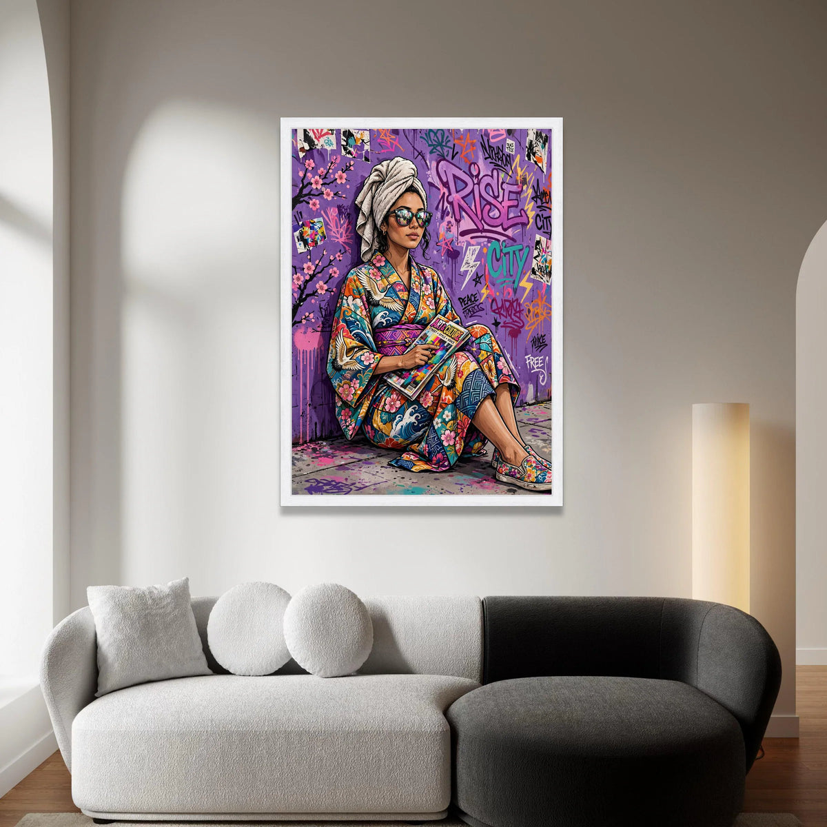 Urban Style Woman Colorful Kimono, Street Art Graffiti Canvas, Modern Pop Culture Wall Art, Vibrant City Scene Decoration Canvas Print Art