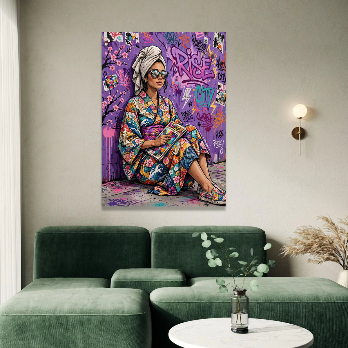 Urban Style Woman Colorful Kimono, Street Art Graffiti Canvas, Modern Pop Culture Wall Art, Vibrant City Scene Decoration Canvas Print Art