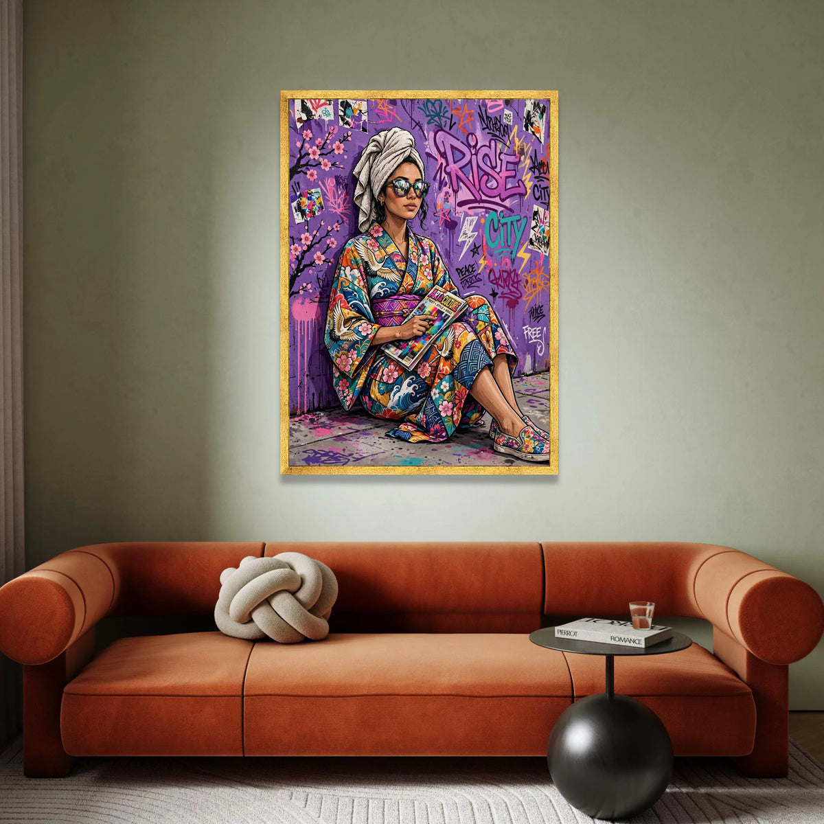 Urban Style Woman Colorful Kimono, Street Art Graffiti Canvas, Modern Pop Culture Wall Art, Vibrant City Scene Decoration Canvas Print Art