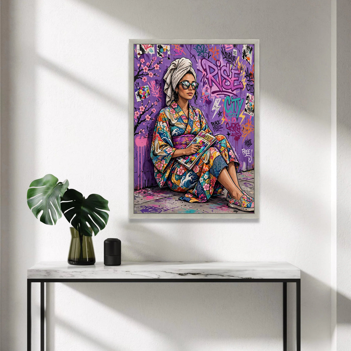 Urban Style Woman Colorful Kimono, Street Art Graffiti Canvas, Modern Pop Culture Wall Art, Vibrant City Scene Decoration Canvas Print Art