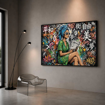 Urban Woman Reading Newspaper, Graffiti Wall Art Canvas, Street Style Art Print, Colorful Modern Canvas, Contemporary Wall Canvas Print Art
