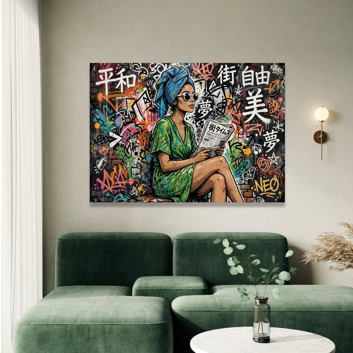 Urban Woman Reading Newspaper, Graffiti Wall Art Canvas, Street Style Art Print, Colorful Modern Canvas, Contemporary Wall Canvas Print Art