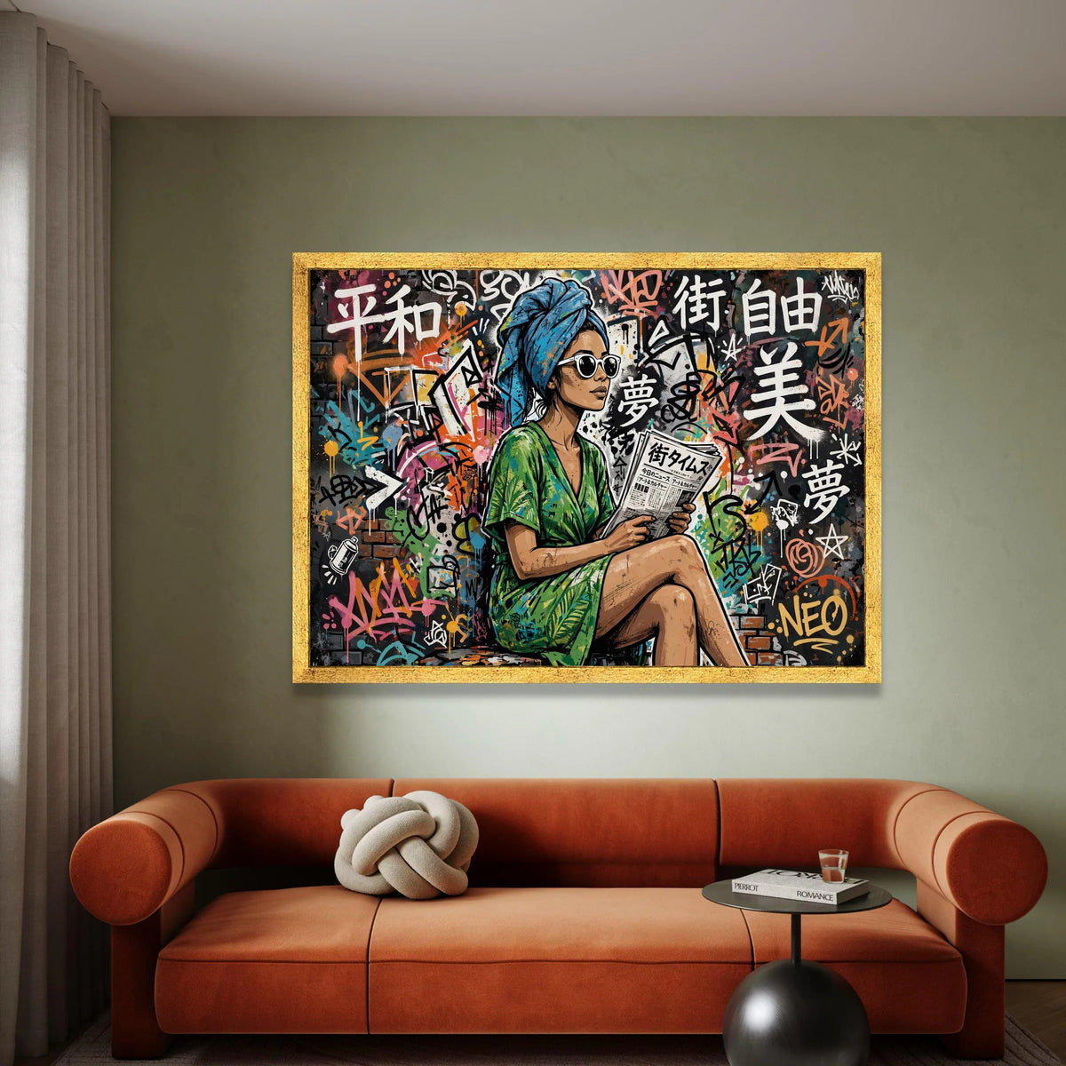 Urban Woman Reading Newspaper, Graffiti Wall Art Canvas, Street Style Art Print, Colorful Modern Canvas, Contemporary Wall Canvas Print Art