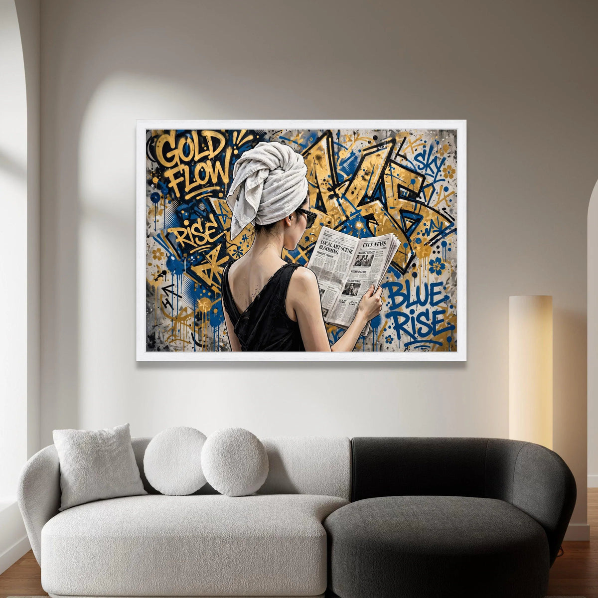 Urban Chic Woman Reading Newspaper Canvas, Graffiti Street Art Wall Decor, Contemporary City Life Canvas, Modern Home Canvas Print Art