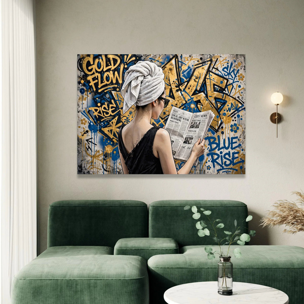 Urban Chic Woman Reading Newspaper Canvas, Graffiti Street Art Wall Decor, Contemporary City Life Canvas, Modern Home Canvas Print Art