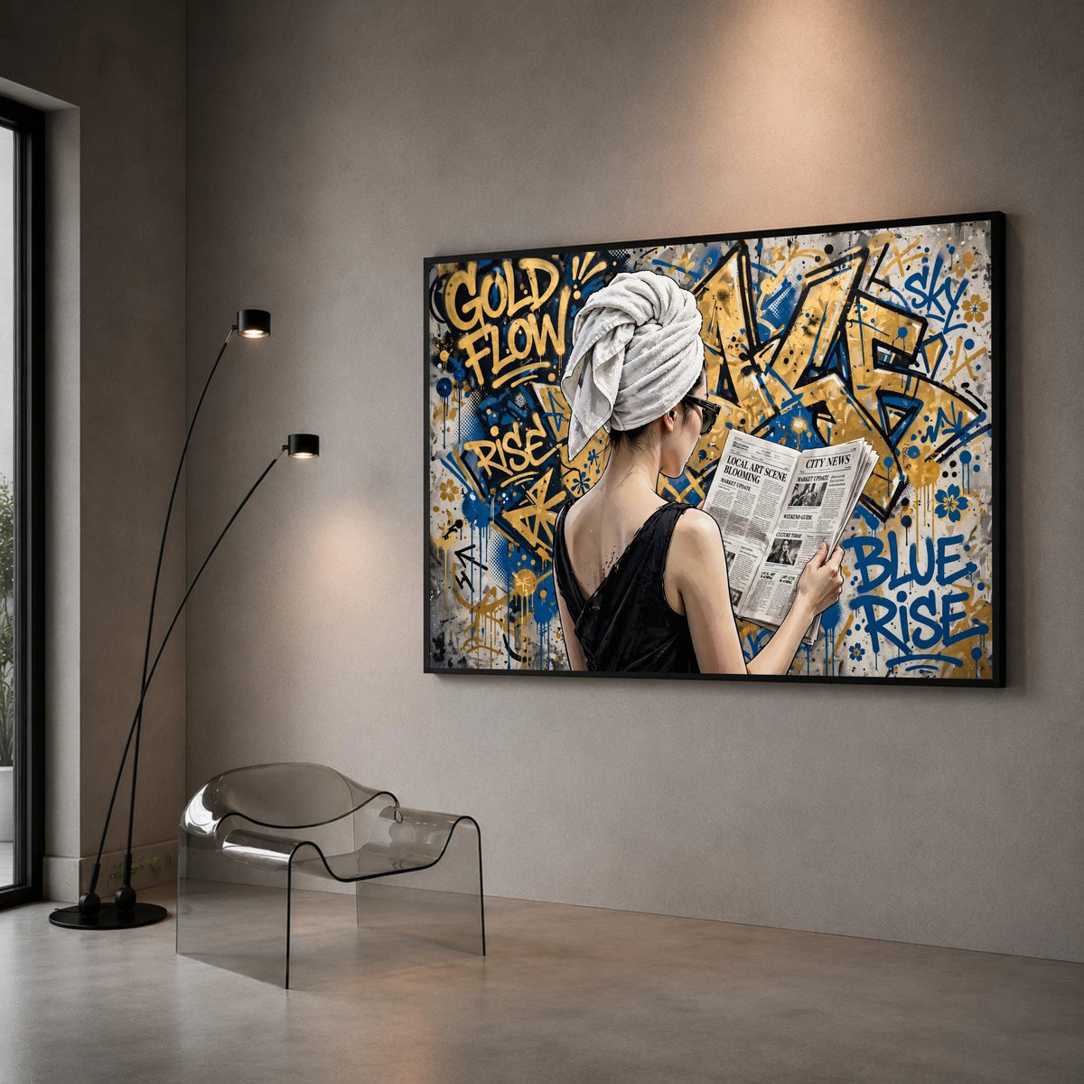Urban Chic Woman Reading Newspaper Canvas, Graffiti Street Art Wall Decor, Contemporary City Life Canvas, Modern Home Canvas Print Art