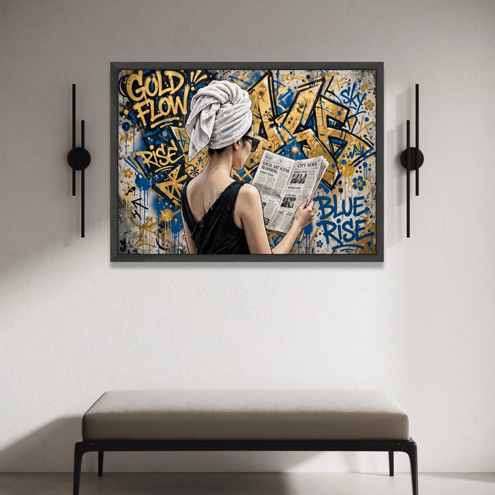 Urban Chic Woman Reading Newspaper Canvas, Graffiti Street Art Wall Decor, Contemporary City Life Canvas, Modern Home Canvas Print Art
